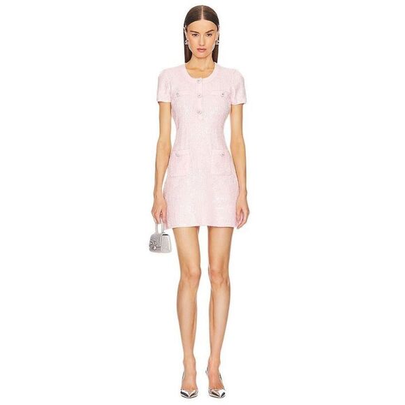 Self-Portrait Pink Sequin Knit Mini Dress with Crystal Buttons M (036) - Picture 1 of 16